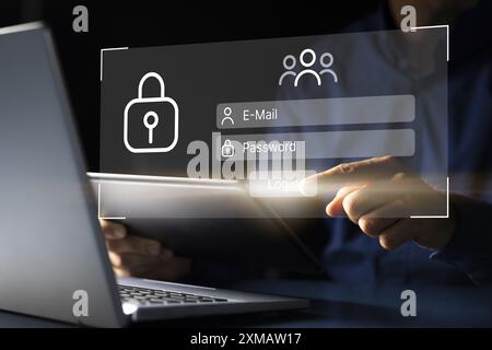Security Expert Typing in Password to Access Secure Database on Laptop in Business Concept of Cybersecurity Field Stock Photo