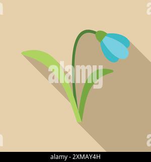 Single blue snowdrop flower is growing on a light brown background with a long shadow Stock Vector