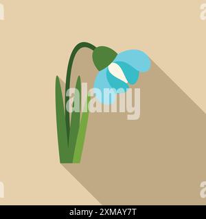 Flat design icon of a single blue snowdrop flower with green stem and leaves, isolated on beige background with a long shadow Stock Vector