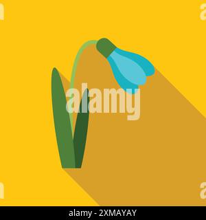 Minimalist illustration of a blue snowdrop flower with green leaves, symbolizing the beginning of spring Stock Vector