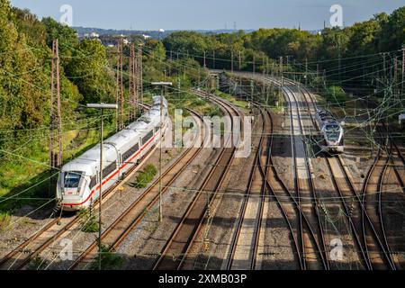 Tracks in front of Essen main station, 7 parallel tracks, ICE 4 train, North Rhine-Westphalia, Germany Stock Photo