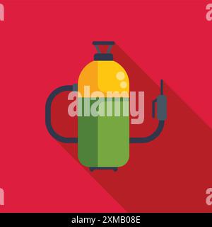 Green and yellow oxygen tank with mask for diving, isolated on red background with long shadow Stock Vector