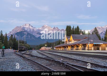 Banff, Alberta, Canada - SEP 08 2020 : Banff Railway Station in summer evening. Banff National Park, Canadian Rockies. Stock Photo