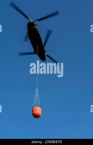 Forest fire in the German-Dutch border region near Niederkruechten-Elmpt, in a nature reserve, use of fire-fighting helicopters, Boeing CH-47 Chinook Stock Photo