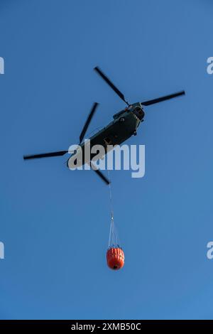 Forest fire in the German-Dutch border region near Niederkruechten-Elmpt, in a nature reserve, use of fire-fighting helicopters, Boeing CH-47 Chinook Stock Photo