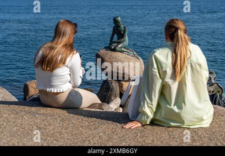 The Little Mermaid statue, Den lille Havfrue in Danish, on the Langelinie waterfront promenade in Copenhagen, is considered the smallest landmark in Stock Photo