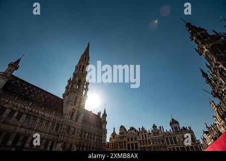 Low Angle View of Brussels Town Hall, Maison du Roi (Broodhuis) and the Guildhalls at the Grand Place on a Sunny Day - Belgium Stock Photo