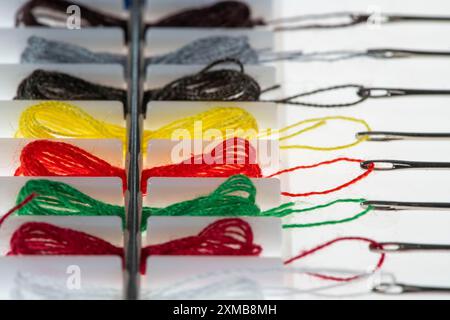 Sewing kit, sewing thread and sewing needles, already threaded, various colours, ready to sew, hotel amenities Stock Photo