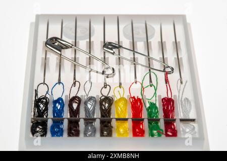 Sewing kit, sewing thread and sewing needles, already threaded, various colours, ready to sew, safety pins, spare buttons, hotel amenities Stock Photo