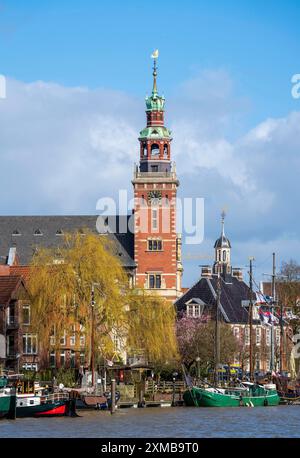 Skyline of the old town, on the Leda, town hall, museum harbour, old town houses, Leer, East Frisia, Lower Saxony Stock Photo