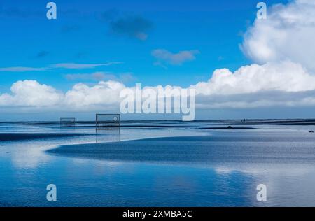 Football pitch, football field, Tor tor, on the beach, tidal creek, in the west of Borkum, island, East Frisia, winter, season, autumn, Lower Saxony Stock Photo