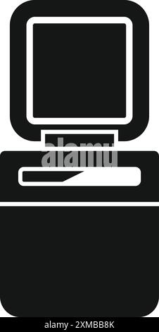 Open atm machine with a credit card being inserted, depicted in a simple, black silhouette style Stock Vector