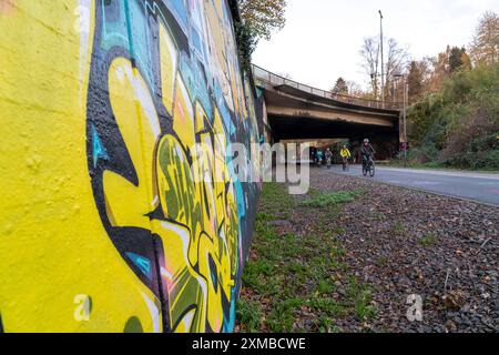 The Nordbahntrasse, a cycle path, footpath, on a former 22 km long railway line, along the west-east axis of Wuppertal, on the northern slope, with Stock Photo