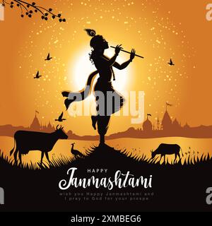 Happy Janmashtami With blue Background Silhouette abstract Vector Illustration design Stock Vector