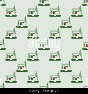 Laptop with Candlestick Chart vector concept colored seamless pattern Stock Vector