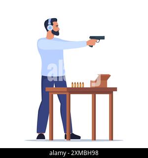 Focused Man Practicing Shooting Skills At Indoor Range. Male Character ...