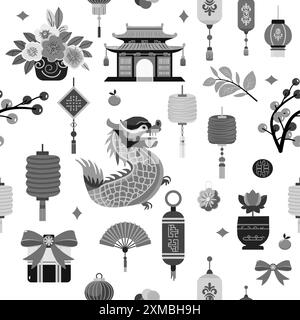 Vector seamless pattern Holiday Happy New Year Buddhist temple Chinese lantern Fan Gifts Maneki neko cat Vase with flowers Dragon Tangerine Illustrati Stock Vector