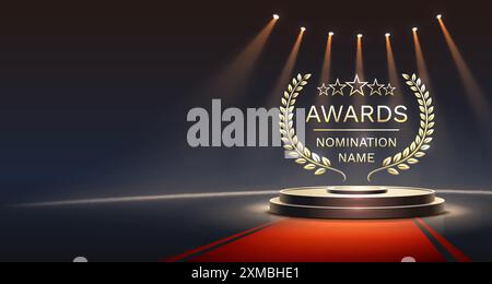 Awards nomination name podium, golden prize event, scene star ceremony. Vector Stock Vector