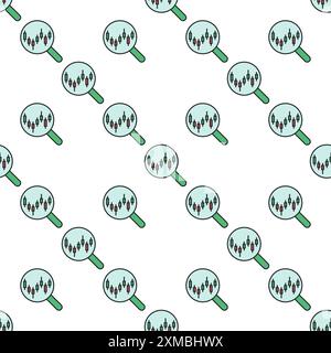 Magnifying Glass with Candlestick Chart concept colored seamless pattern Stock Vector