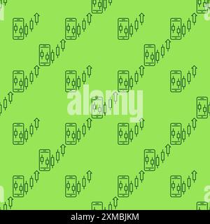 Smartphone with Uptrend Candlestick Chart vector mobile trading concept thin line seamless pattern Stock Vector