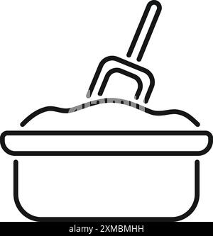 Construction worker is mixing concrete in a bucket using a trowel, simple design, thick line Stock Vector