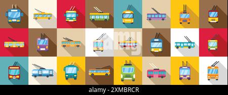 Trolleybus icons set. Set of trolleybus icons in flat style with long shadow representing public transportation in big cities Stock Vector