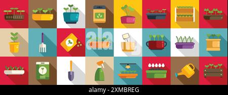 Growing microgreens icons set. Seedling growing in pots and planters with garden tools icons set in flat style with long shadow Stock Vector