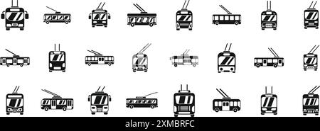 Trolleybus icons set. City trolleybuses driving on electricity, ecological urban transportation Stock Vector
