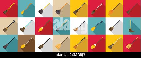 Broomstick icons set. Collection of different brooms for cleaning and performing magic rituals with long shadow on colorful backgrounds in flat style Stock Vector