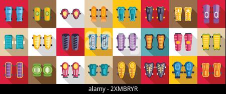 Shin Guards icons set. Soccer shin pads icons set in flat style for any design Stock Vector