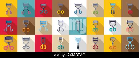 Eyelash Curler icons set. Set of various eyelash curlers on different backgrounds with long shadow, beauty and fashion concept Stock Vector