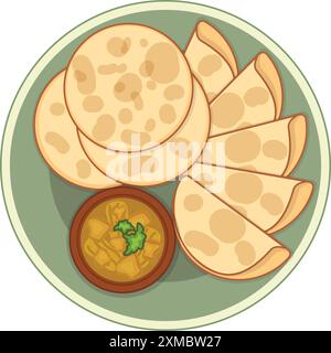 Delicious southeast asian cuisine, roti canai flatbread, served with curry sauce on plate Stock Vector