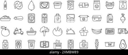 Healthy meal delivery icons set. Line icons are representing various aspects of food delivery service including online ordering using a smartphone app Stock Vector