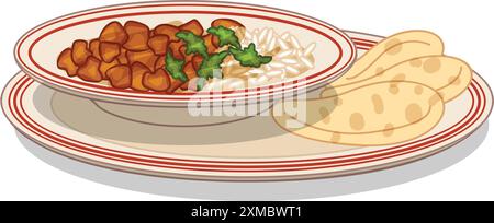 Delicious plate of indian food with curry, rice and chapati bread is ready to be enjoyed Stock Vector