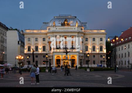 Bratislava, Slovakia - May 25 2024: Slovak National Theater or Slovenske Narodne Divadlo Historic Building at Night Stock Photo