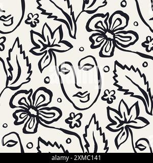 Black and white brush strokes ink wash flowers and female faces seamless pattern Stock Vector