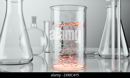 Glass Beaker with boiling liquid, water starts to Boil in a laboratory flask and steam escaping from the top, Falcon or potion or Erlenmeyer, Test tub Stock Photo