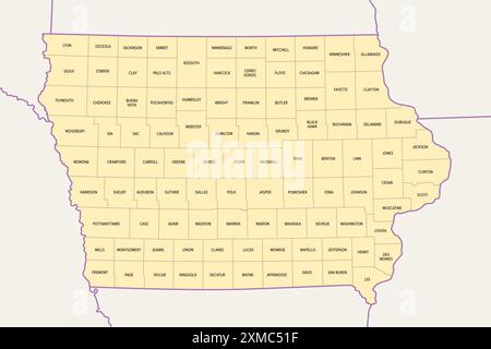 Iowa counties, political map with borders and county names. Landlocked state in the Midwestern region of United States, subdivided into 99 counties. Stock Photo