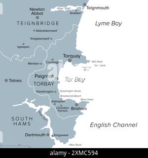 English Riviera in Torbay, England, gray political map. Geopark and popular tourist destination around Tor Bay on the English Channel. Stock Photo