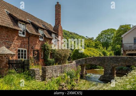 Pack Horse Bridge and Cottage, Allerford, Somerset, England Stock Photo