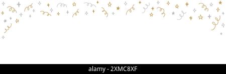Horizontal doodle confetti background. Crayon hand drawn childish rectangle banner. Happy Birthday, Merry Christmas and happy new year golden greeting Stock Vector