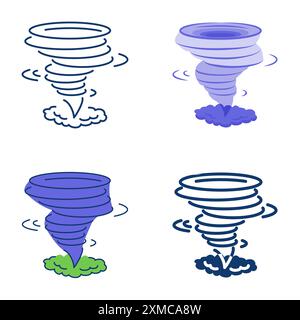 Tornado natural disaster icon set in flat and line style. Hurricane, typhoon. Vector illustration. Stock Vector