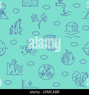 Climate disasters line seamless pattern. Global warming impact on weather and ecosystem. Repeatable background. Vector illustration. Stock Vector