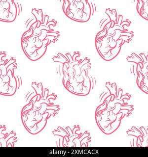 Seamless pattern Realistic anatomic heart, vector hand drawn illustration in doodle style, sketch drawing. For wallpaper, fabric, wrapping, background Stock Vector