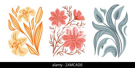 Modern flowers, decorative pattern of pastel colors in geometric shapes. Abstract groovy botanical poster. Aesthetic vector vintage illustration. Stock Vector