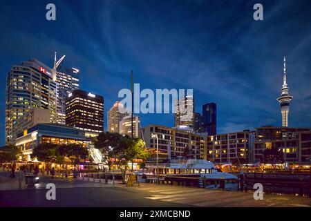 Viaduct Harbour, Auckland, New Zealand - At night, harbour, marina cafes, restaurants and bars overlooked by city skyline and Sky Tower all lit up Stock Photo