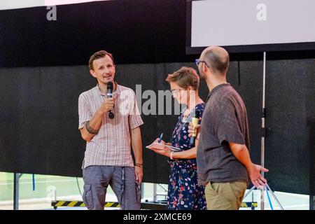 Polish actor Artur Paczesny, left, introduced film Next to nothing (Tyle co nic) at the 50th Summer film School on 26 July 2024 in Uherske Hradiste, C Stock Photo