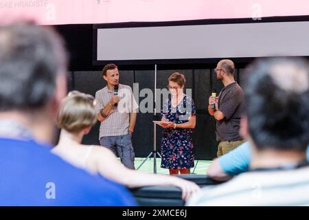 Polish actor Artur Paczesny, left, introduced film Next to nothing (Tyle co nic) at the 50th Summer film School on 26 July 2024 in Uherske Hradiste, C Stock Photo