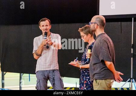 Polish actor Artur Paczesny, left, introduced film Next to nothing (Tyle co nic) at the 50th Summer film School on 26 July 2024 in Uherske Hradiste, C Stock Photo