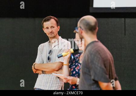 Polish actor Artur Paczesny, left, introduced film Next to nothing (Tyle co nic) at the 50th Summer film School on 26 July 2024 in Uherske Hradiste, C Stock Photo